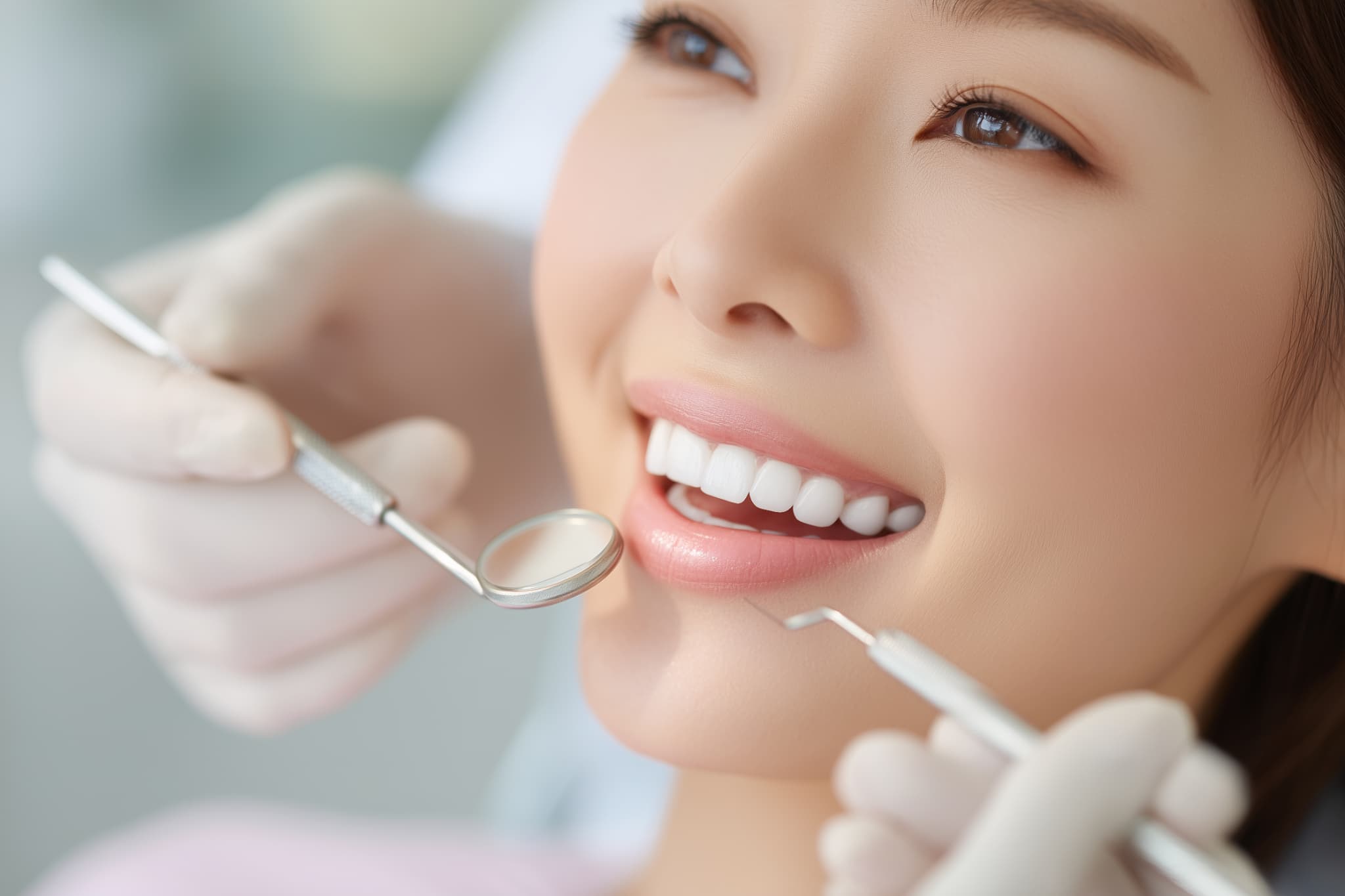 歯科医院で口腔チェックを受ける女性