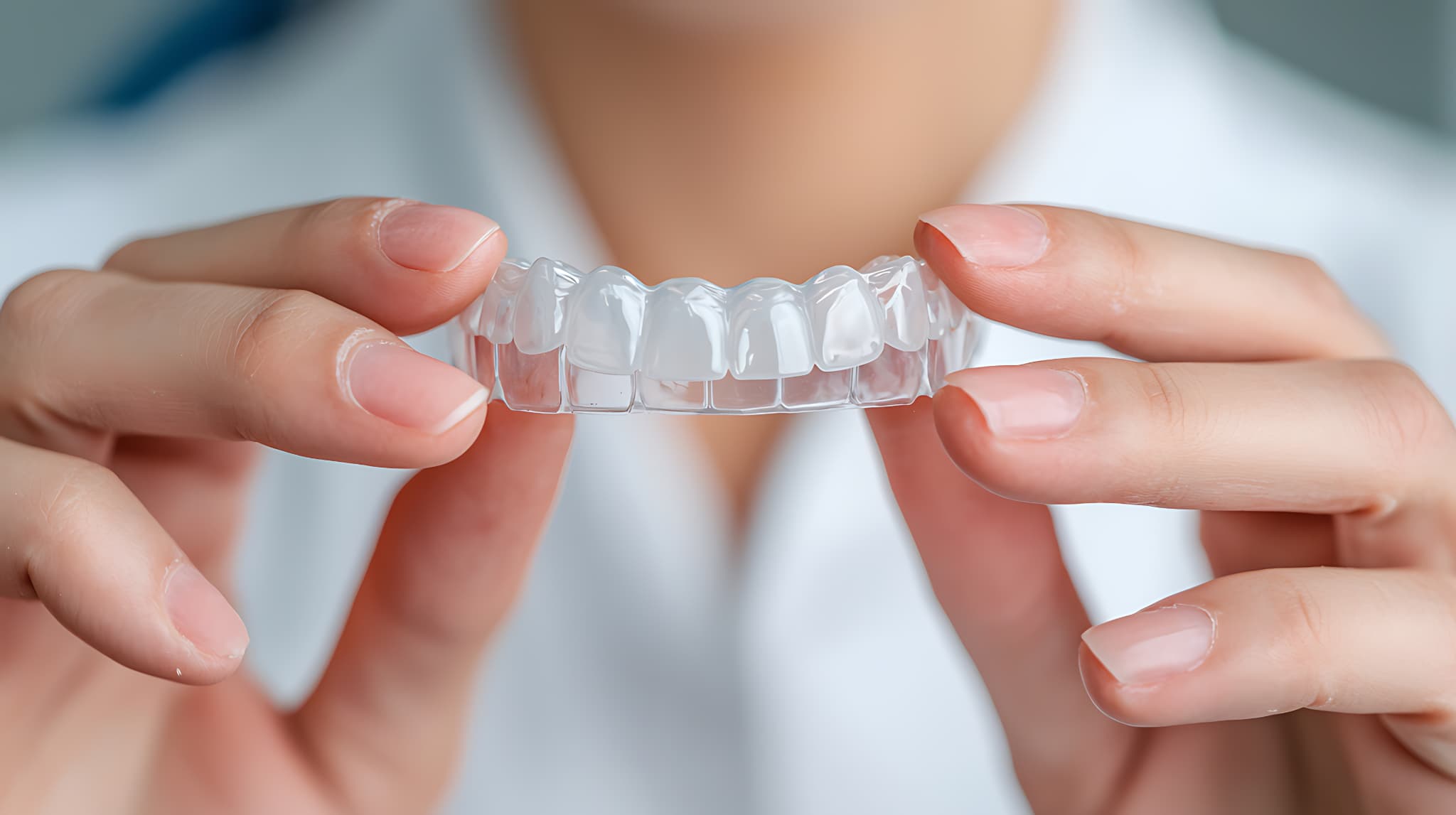 矯正用のマウスピースを持つ手